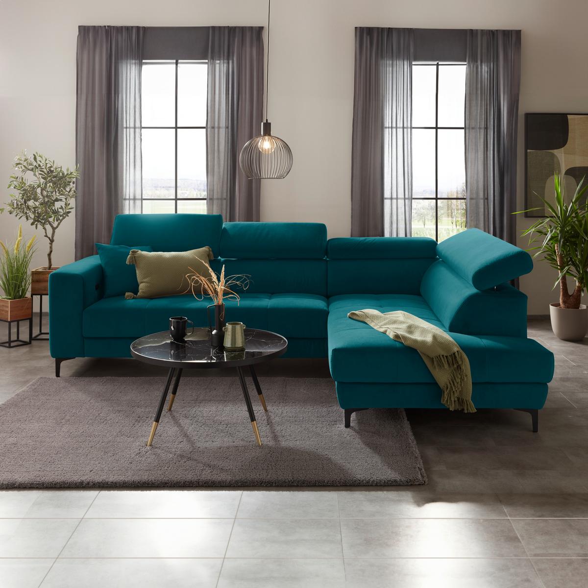 Ecksofa Emma rechts Petrol - Petrol/Schwarz, MODERN, Textil (301/210cm) - Premium Living