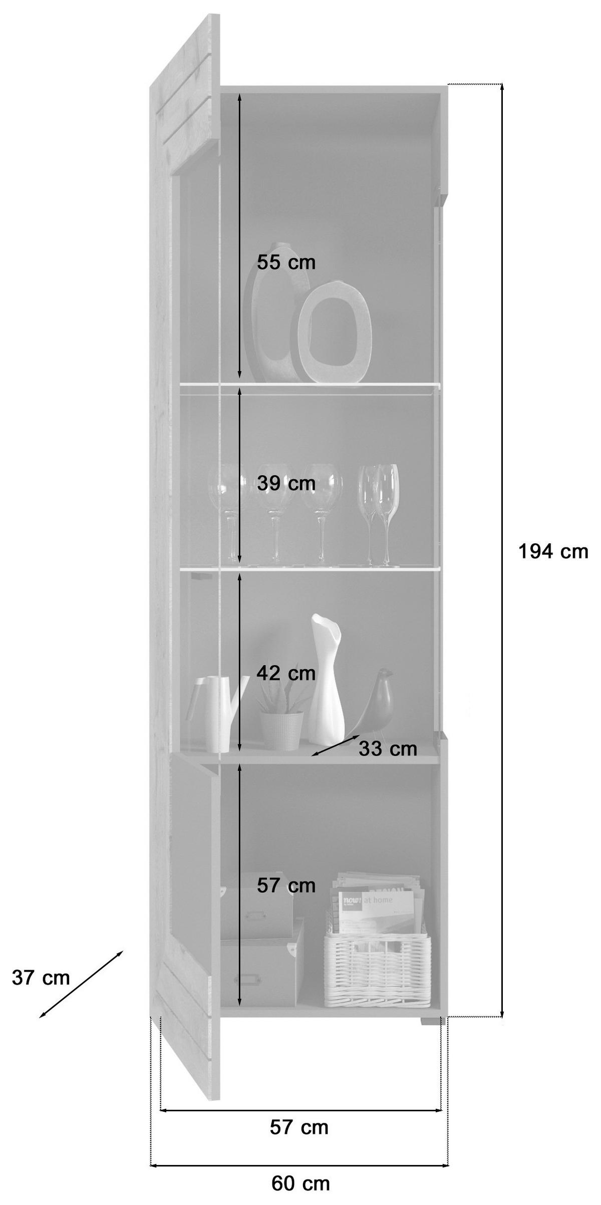 Vitrine Freno ca. 60x194 cm Nox Eiche/Grau - KONVENTIONELL, Glas/Holzwerkstoff (60/194/37cm) - MID.YOU