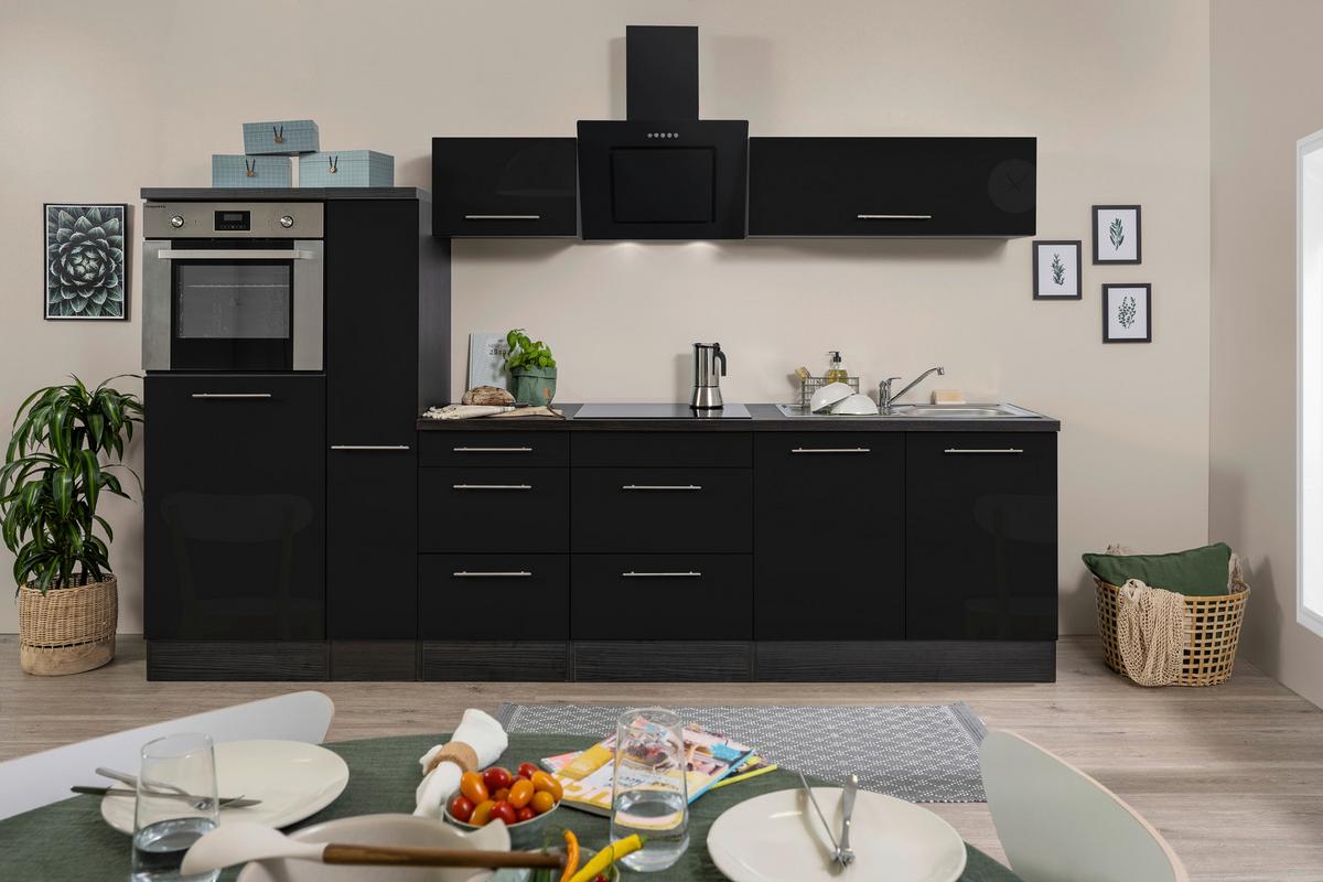 Küchenzeile mit Geräte Schwarz Hochgl/Eiche Grau B: ca. 300cm - Edelstahlfarben/Eichefarben, Basics, Holzwerkstoff/Metall (300cm) - Respekta