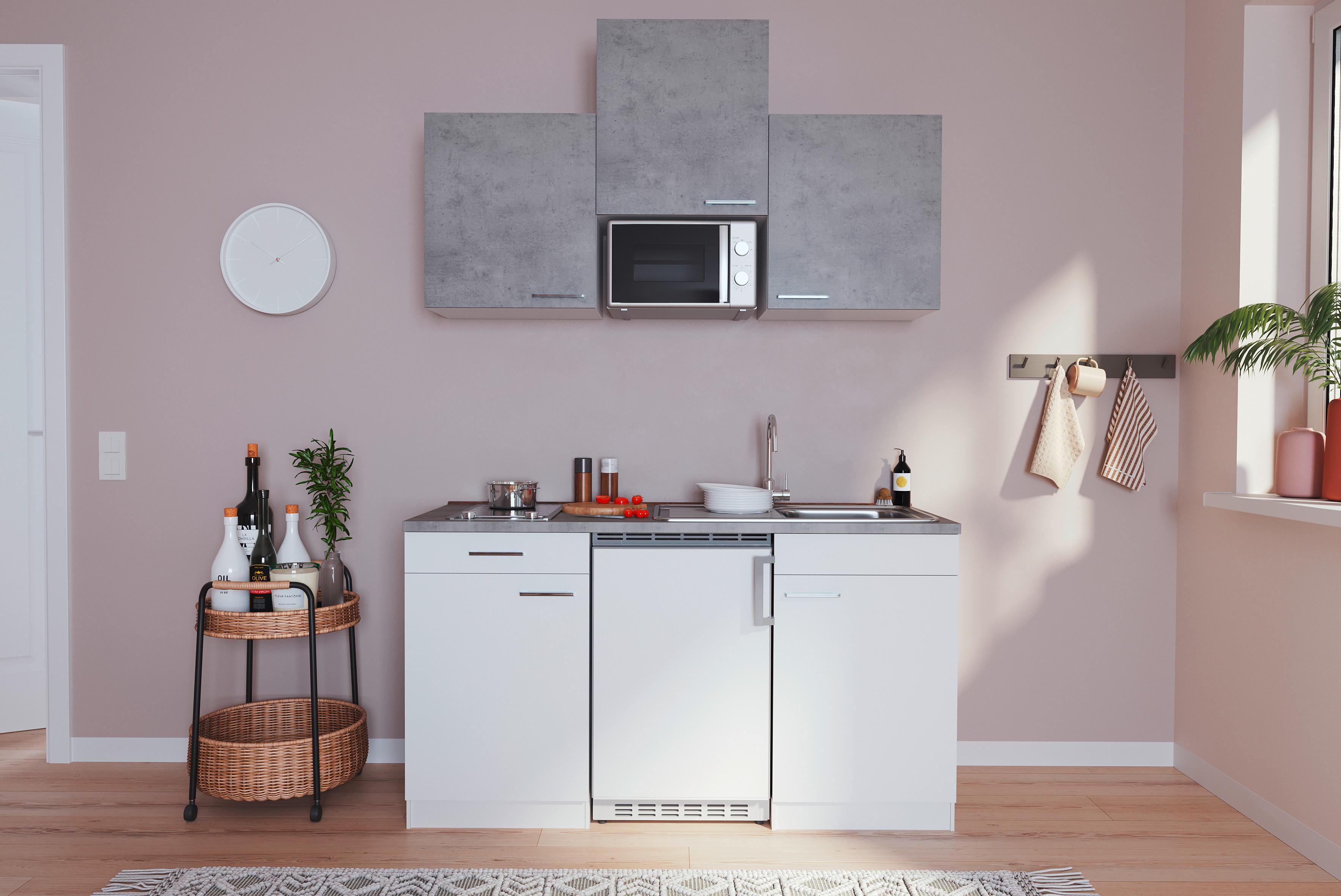 Miniküche Economy m. Geräten ca. 150cm Grau/Weiß - Alufarben/Weiß, KONVENTIONELL, Holzwerkstoff/Kunststoff (150cm) - Respekta