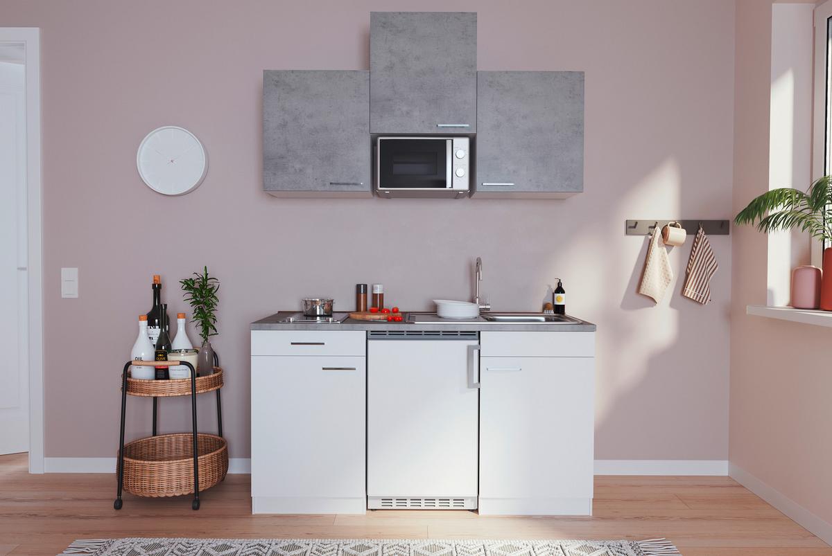 Miniküche Economy m. Geräten ca. 150cm Grau/Weiß - Alufarben/Weiß, KONVENTIONELL, Holzwerkstoff/Kunststoff (150cm) - Respekta