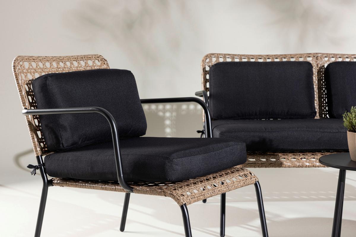 Loungegarnitur Paola 5-tlg. Rattan geflecht - Dunkelgrau/Schwarz, KONVENTIONELL, Naturmaterialien/Holz - Gardenson