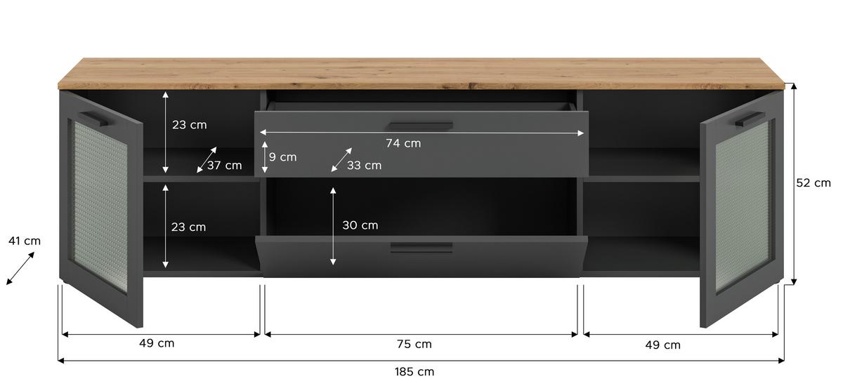 Tv Komoda Niklas - siva/hrast Artisan, Design, staklo/drvni materijal (185/52/40cm) - Modern Living