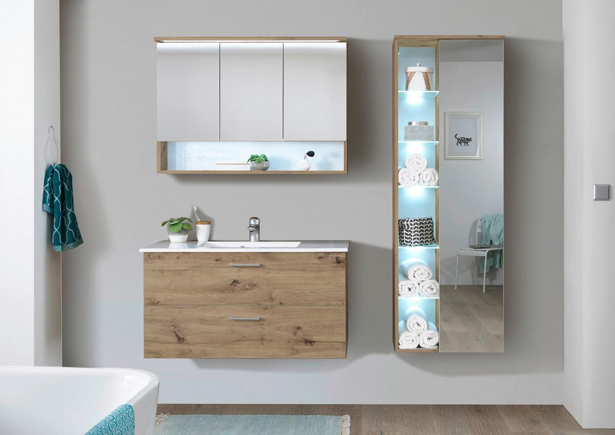 SZAFKA Z LUSTREM BALNEO 100 - kolor dębowy, Natur, materiał drewnopochodny/szkło (99/70/23cm) - Xora