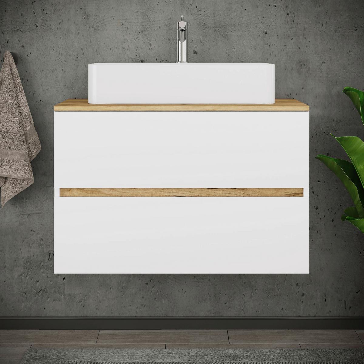 Badezimmer Cosila - Honigeiche/Weiss, Trend, Keramik/Holzwerkstoff (80/64/51cm) - MID.YOU