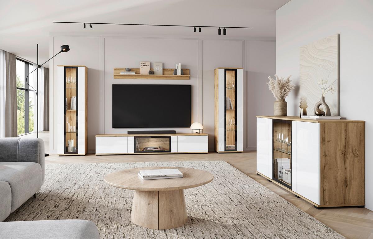 Tálalószekrény Caro 150 - Wotan tölgy/magasfényű fehér, Design, műanyag/faalapú anyag (150/69,7/39,5cm) - P & B