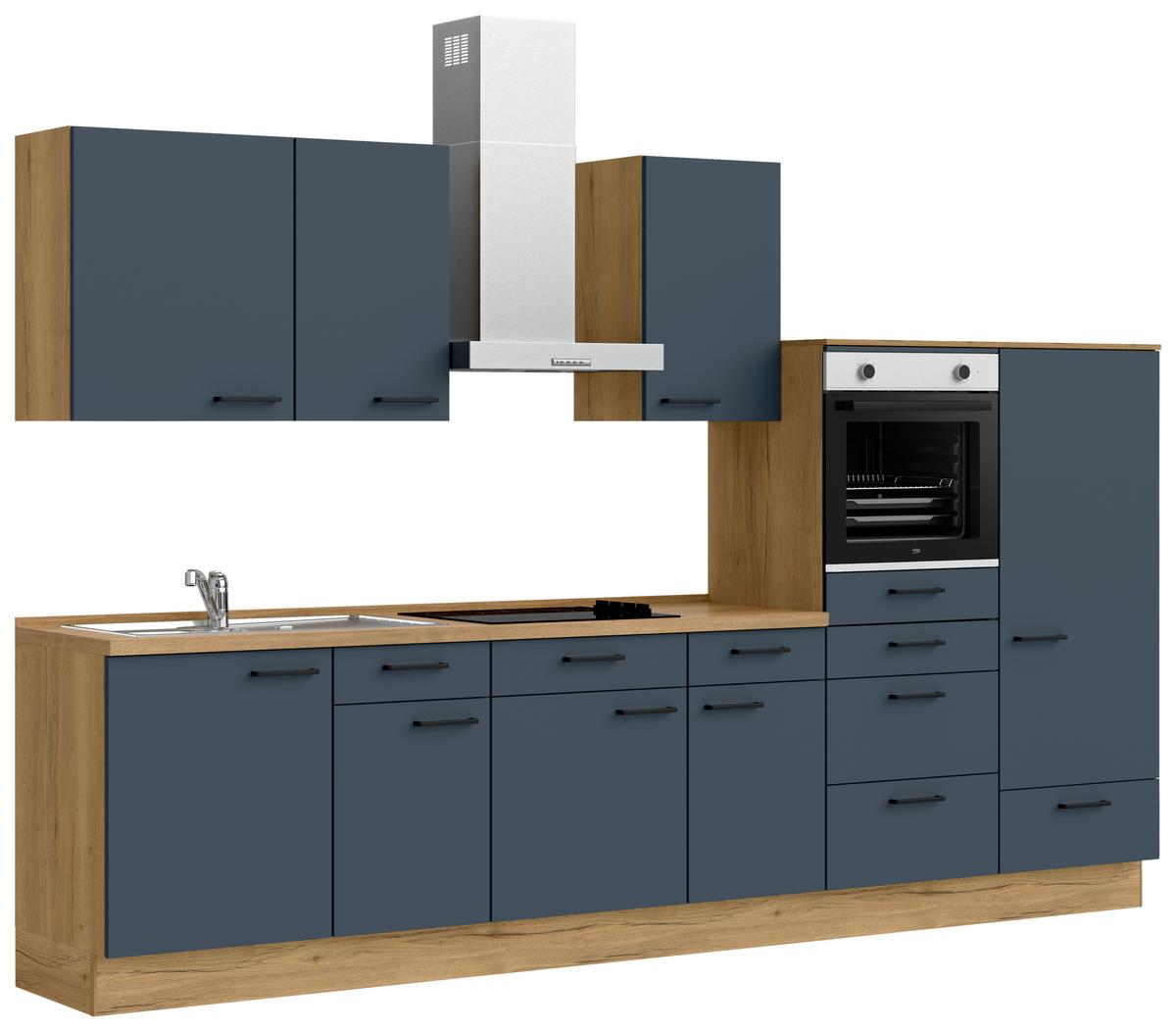 Küchenblock Easytouch Low m. Geräten Blau - Blau/Eichefarben, MODERN, Holzwerkstoff/Metall (330cm) - Nobilia