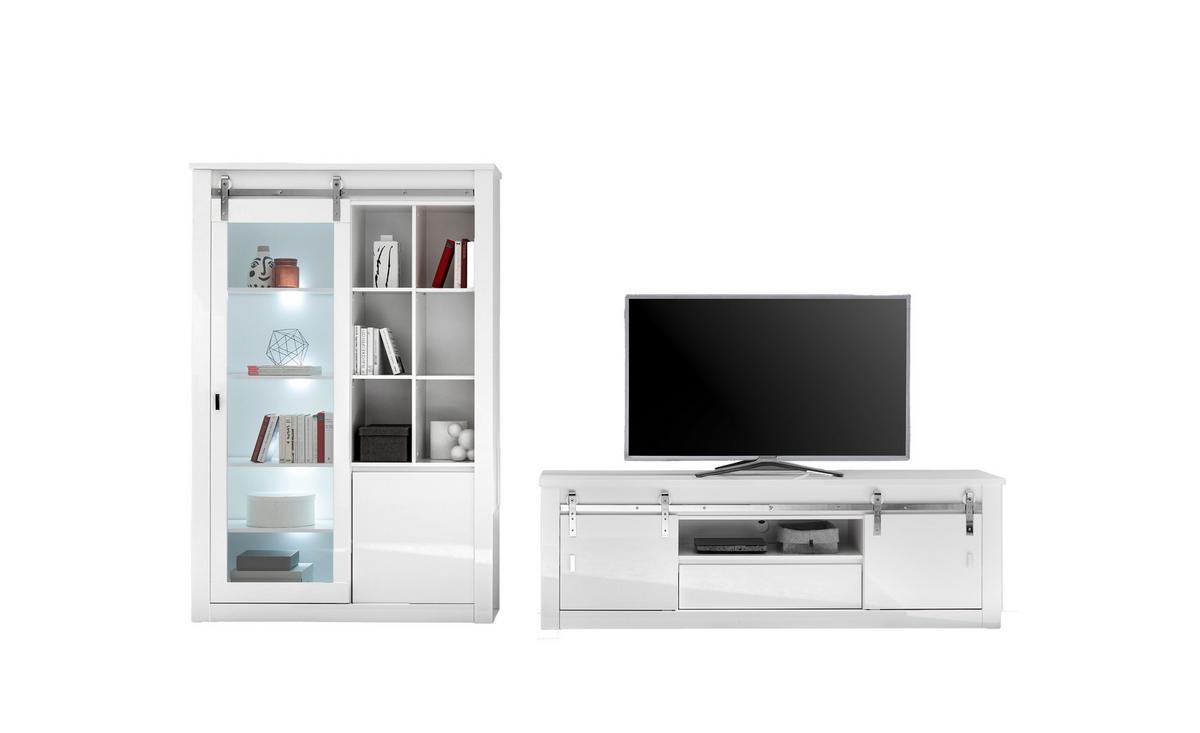 Wohnwand Daytona Weiß/Weiß Hochglanz - Chromfarben/Weiß Hochglanz, Design, Holzwerkstoff/Metall (349/200/43cm) - Livetastic