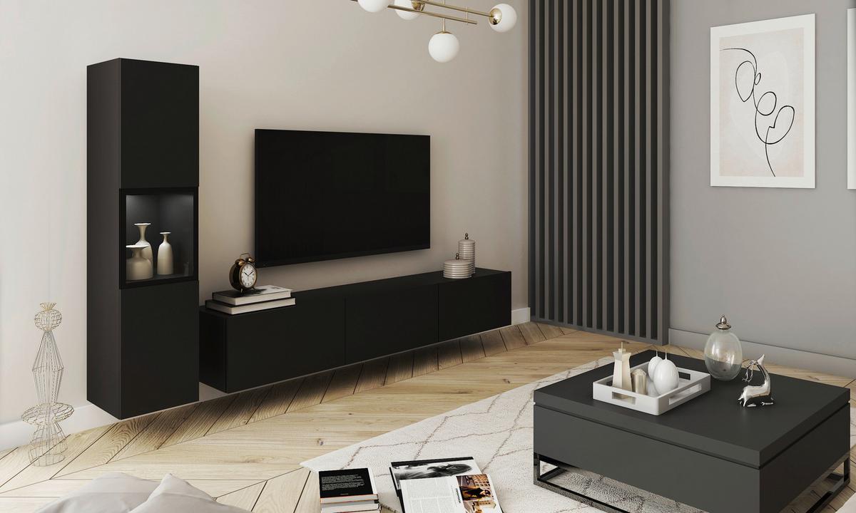 Dnevni Regal Berlin I, Črna Mat, Osvetlitev, 2-Delni - črna/siva, Design, umetna masa/steklo (210/130/32,5cm) - MID.YOU