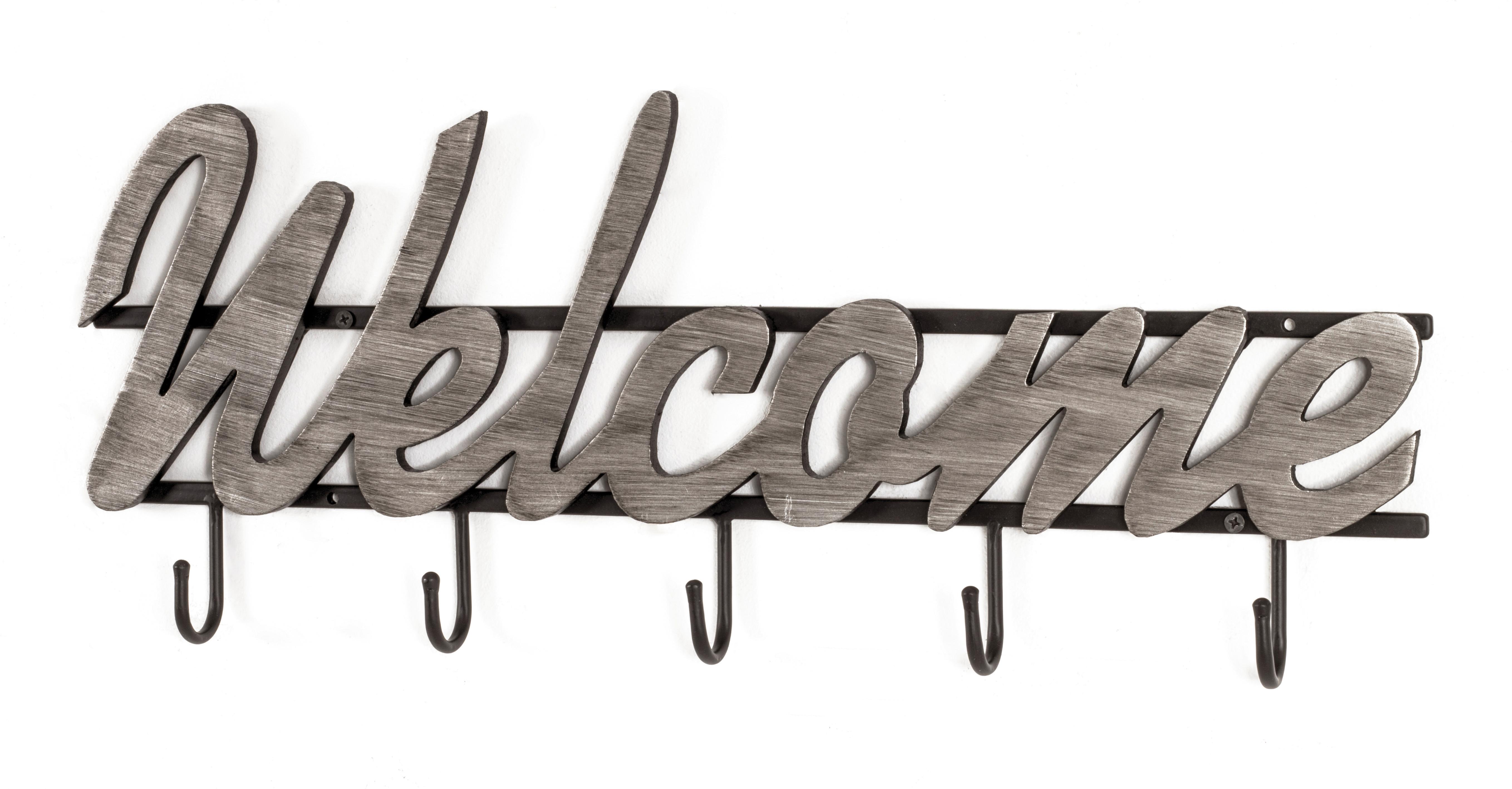 Cuier perete cu cârlige Welcome - argintiu/negru, Modern, metal/material pe bază de lemn (60/22/4cm) - Modern Living