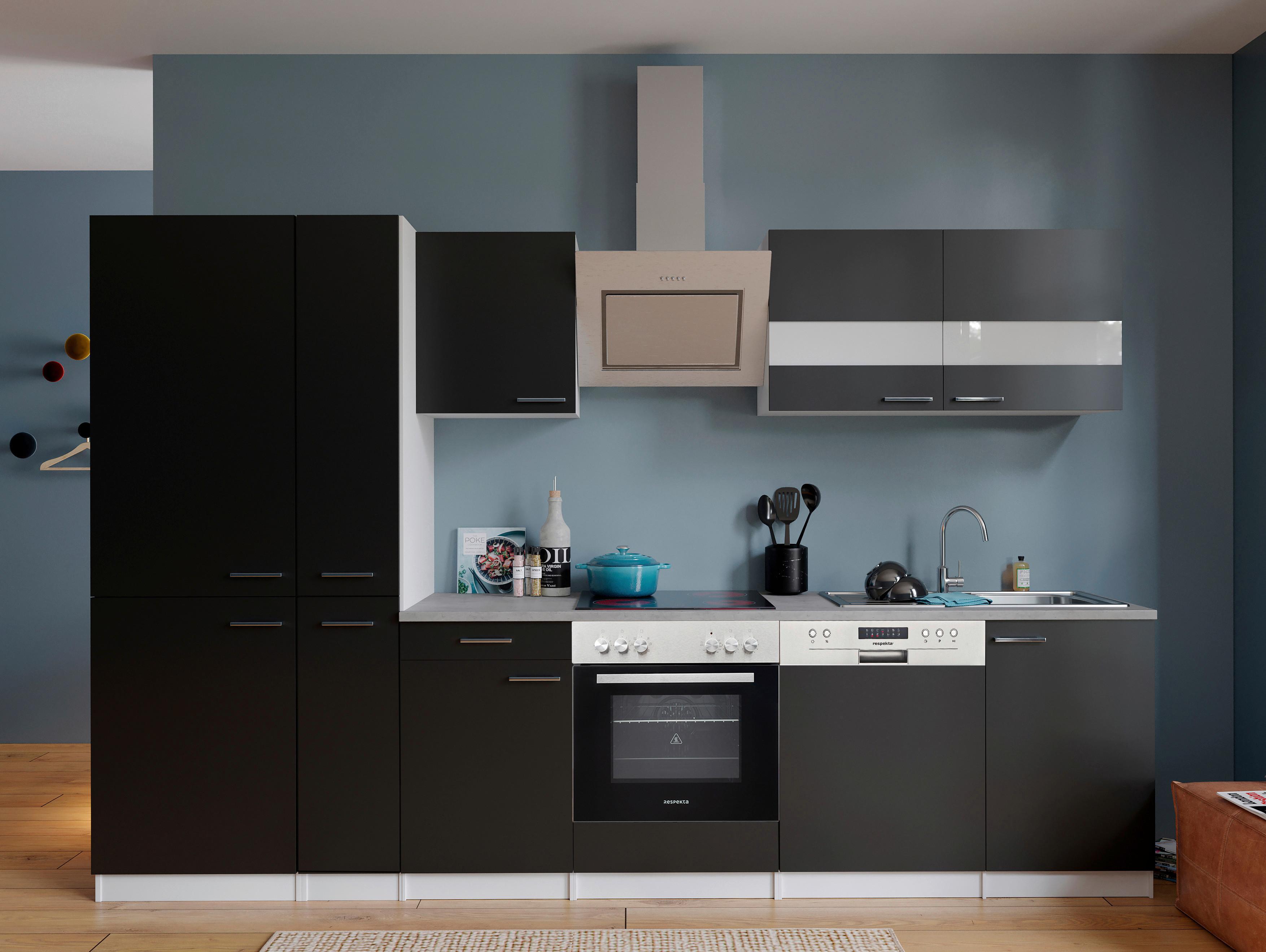Küchenblock Malia mit Geräten ca. 310 cm Schwarz - Edelstahlfarben/Schwarz, Basics, Holzwerkstoff/Metall (310cm) - Respekta