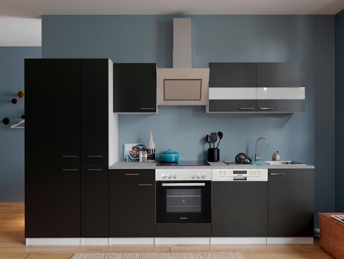 Küchenblock Malia mit Geräten ca. 310 cm Schwarz - Edelstahlfarben/Schwarz, Basics, Holzwerkstoff/Metall (310cm) - Respekta