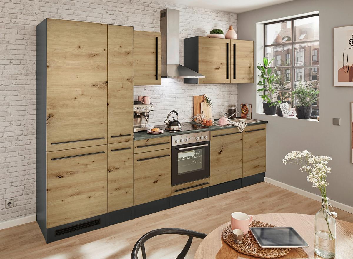 Küchenblock Jazz mit Geräten ca.310cm Eiche/Anthrazit - Anthrazit/Schwarz, LIFESTYLE, Holzwerkstoff/Kunststoff (310cm) - P & B