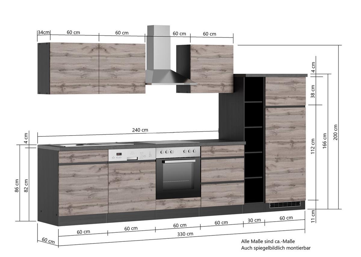 Küchenzeile Turin mit Geräten ca. 330 cm Grau/Wotaneiche - Eiche Wotan/Grau, Design, Holzwerkstoff (330cm) - Held