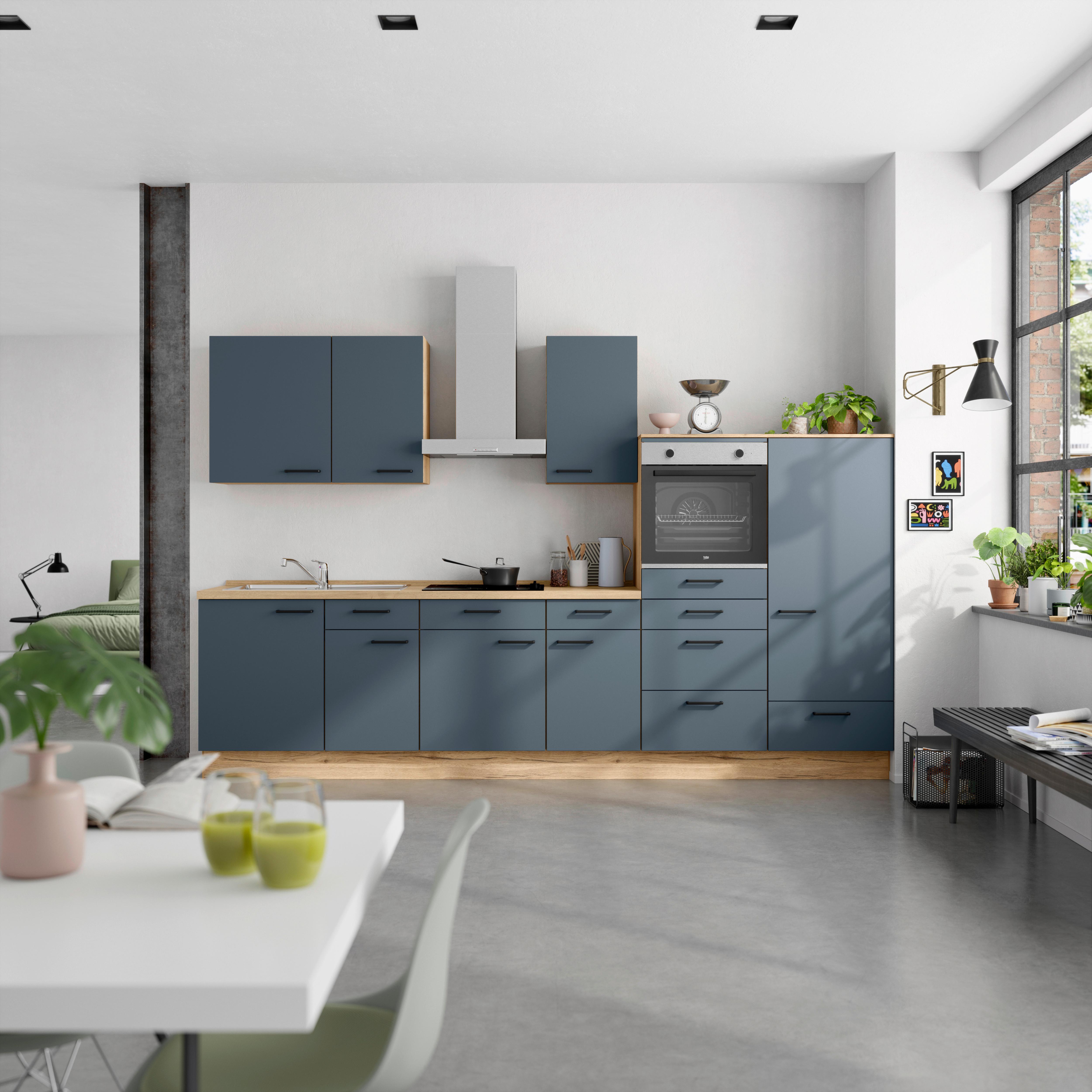 Küchenblock Easytouch Low m. Geräten Blau - Blau/Eichefarben, MODERN, Holzwerkstoff/Metall (330cm) - Nobilia