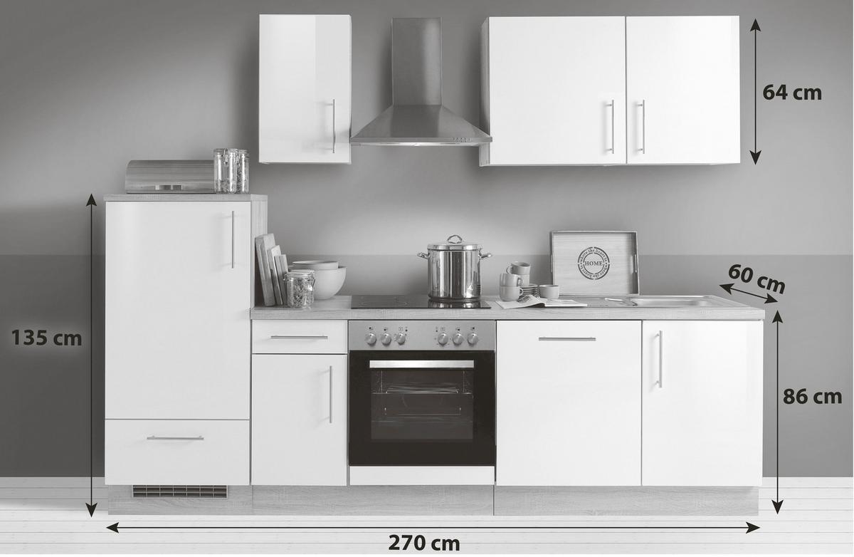 Menke Küchenblock Premium Weiß Hochgl./Eiche ca. 270 cm - Weiß Hochglanz/Silberfarben, KONVENTIONELL, Holzwerkstoff/Metall (270cm) - Menke
