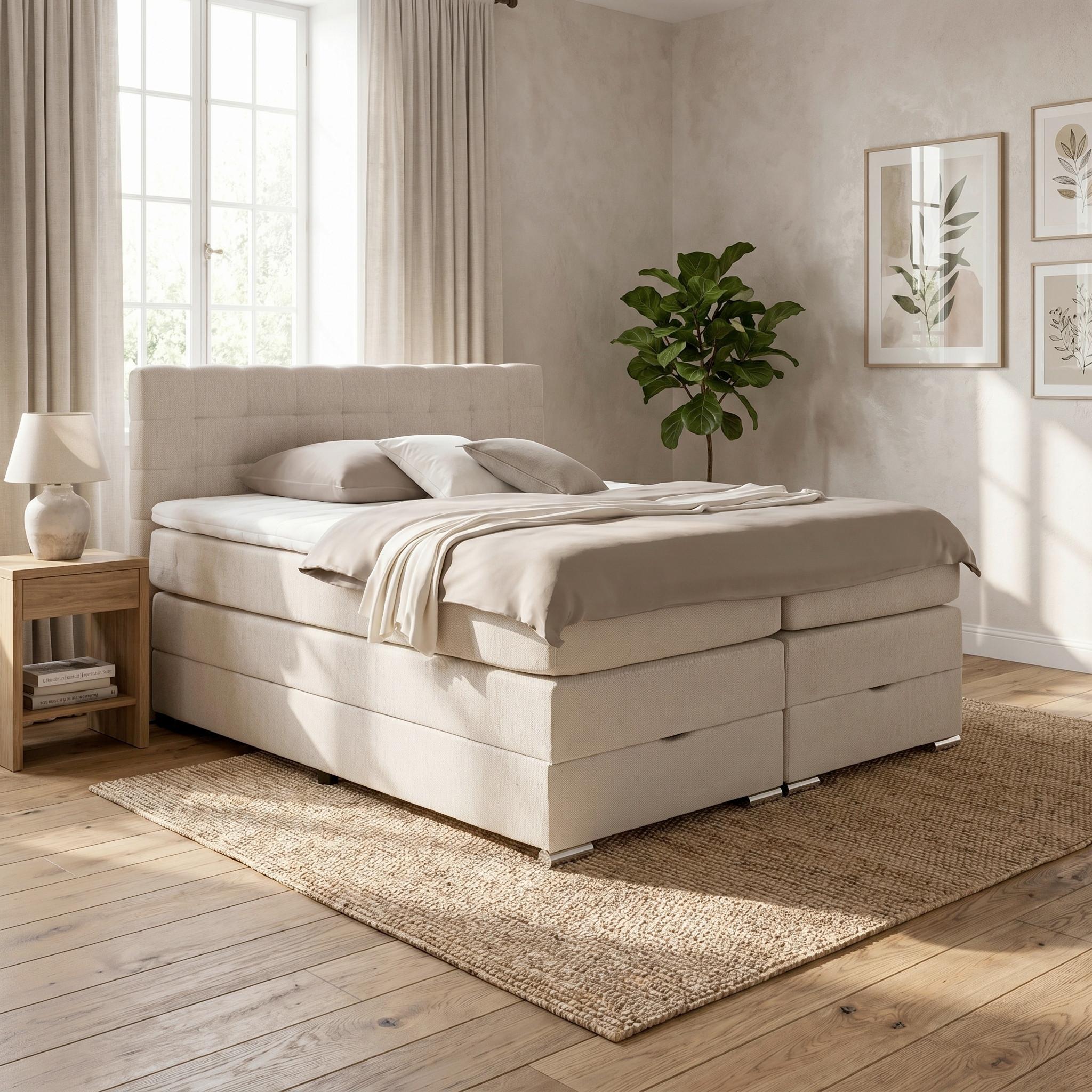 Boxspringbett London Creme ca. 180x200cm - Chromfarben/Creme, MODERN, Holz/Holzwerkstoff (180/200cm) - Premium Living