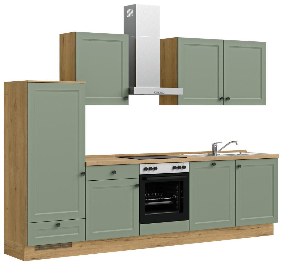 Küchenblock Cascada Low m. Geräten Schilfgrün - Schilfgrün/Eichefarben, MODERN, Holzwerkstoff/Metall (300cm) - Nobilia