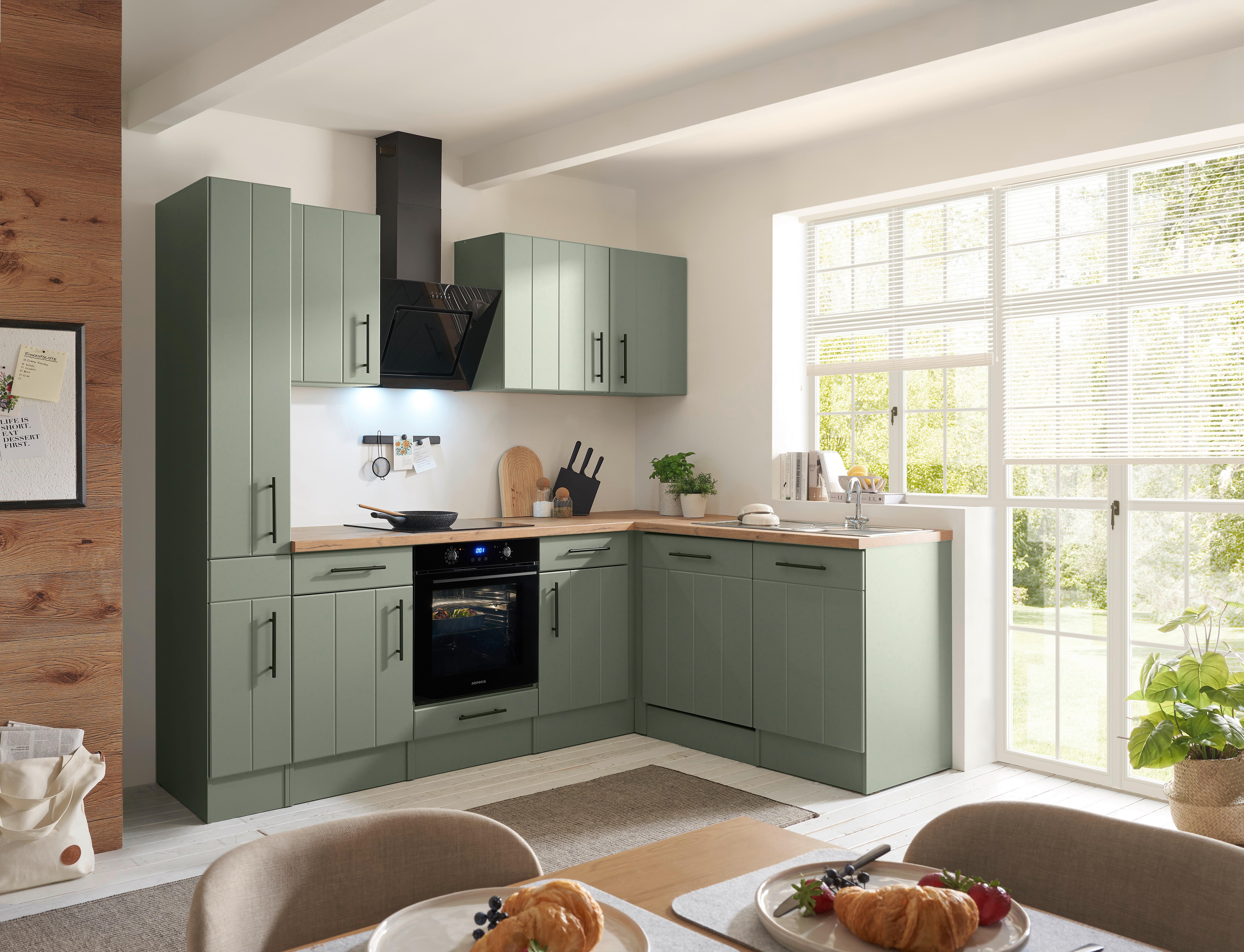 Eckküche Anton m. Geräte ca. 250x172cm Eiche/Schilfgrün - Schilfgrün/Wildeiche, Trend, Holzwerkstoff/Metall (250/172cm) - Respekta