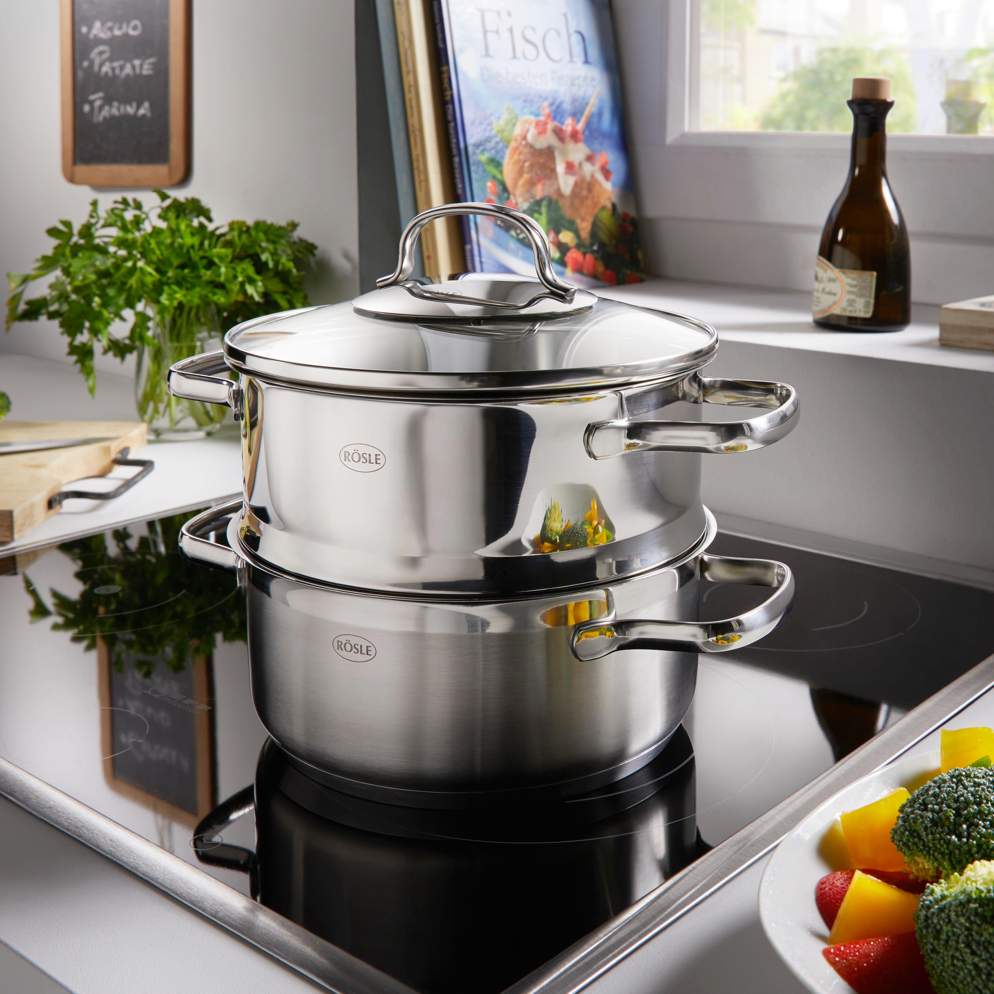 Dampfgarkochtopf Rösle inkl. Glasdeckel Ø ca. 20 cm - Edelstahlfarben, KONVENTIONELL, Glas/Metall (20cm) - Rösle