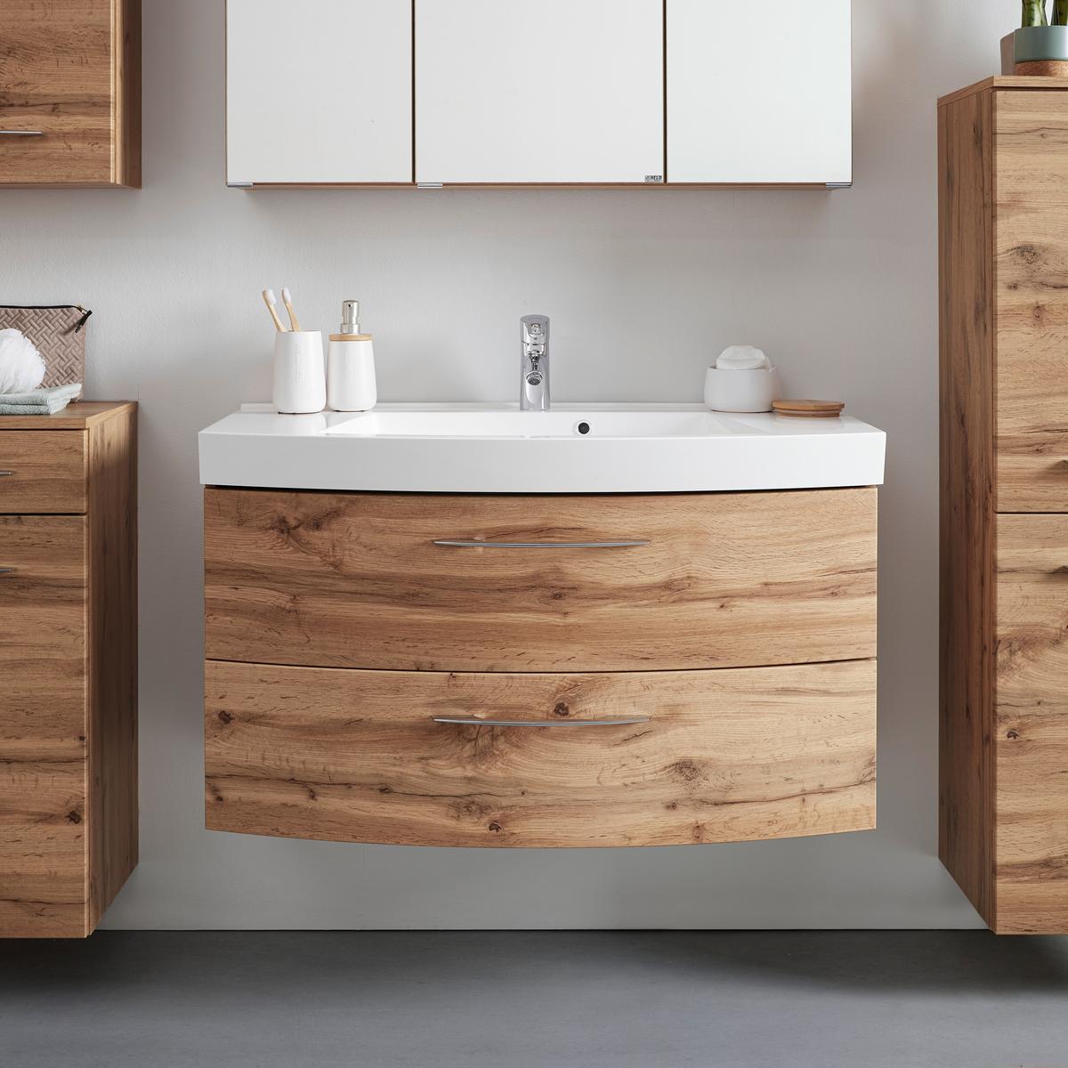 Bază cu lavoar Florida - alb/culoare lemn stejar, Modern, materiale naturale/material pe bază de lemn (100/54/47cm) - Premium Living