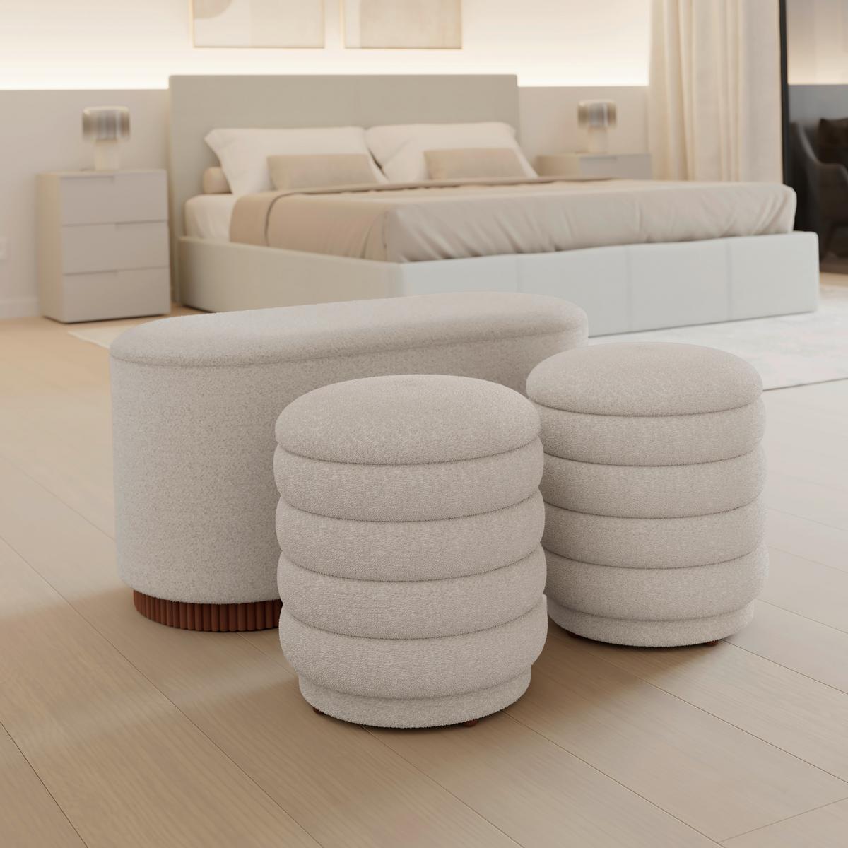 Sitzbank Nina mit Stauraum inkl. 2 Hocker Bouclé Weiß - Naturfarben/Weiß, MODERN, Holz/Holzwerkstoff - Bessagi Home