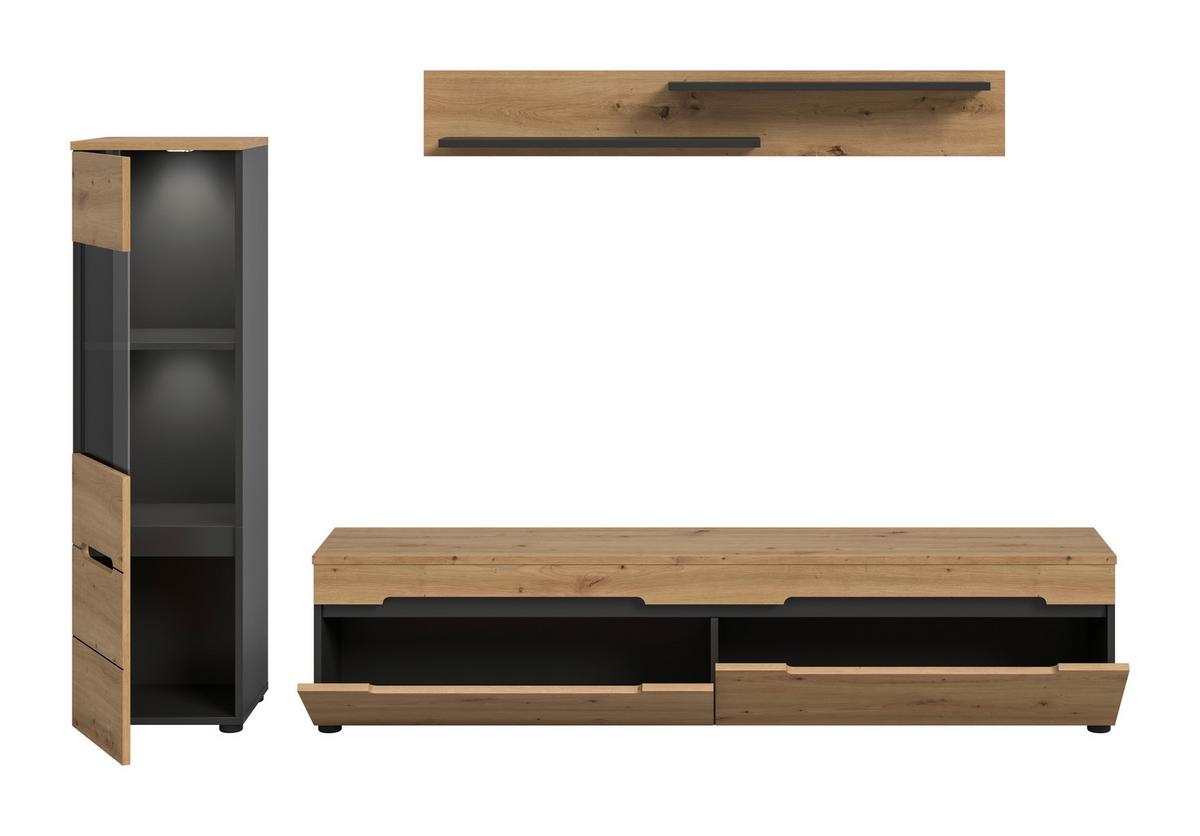 Dnevni Regal Canu, Siva, Barva Hrasta, Osvetlitev, 3-Delni - črna/hrast artisan, Design, umetna masa/leseni material (221/141/33cm) - Livetastic