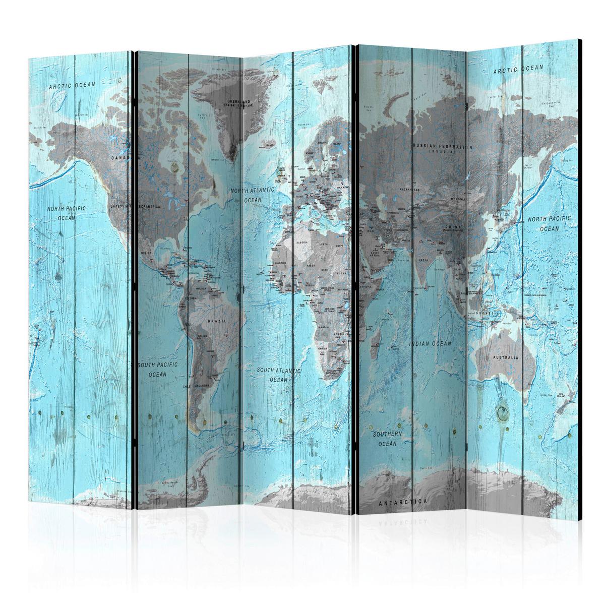 Paravan Wooden Travels, 5-Delni, Dvostranski - svetlo modra/svetlo siva, Basics, tekstil/les (225/172/3cm) - artgeist