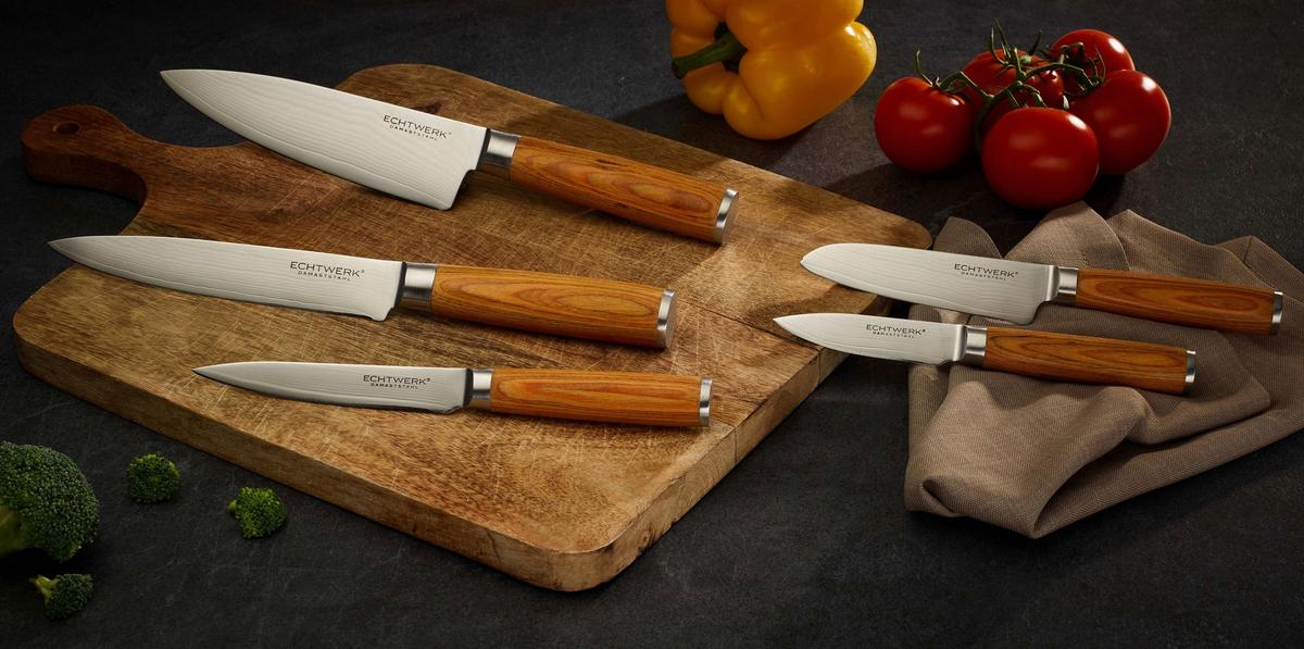 Messerset Damaszener Braun/Silber 5-teilig - Silberfarben/Bernsteinfarben, Basics, Holz/Metall - Echtwerk