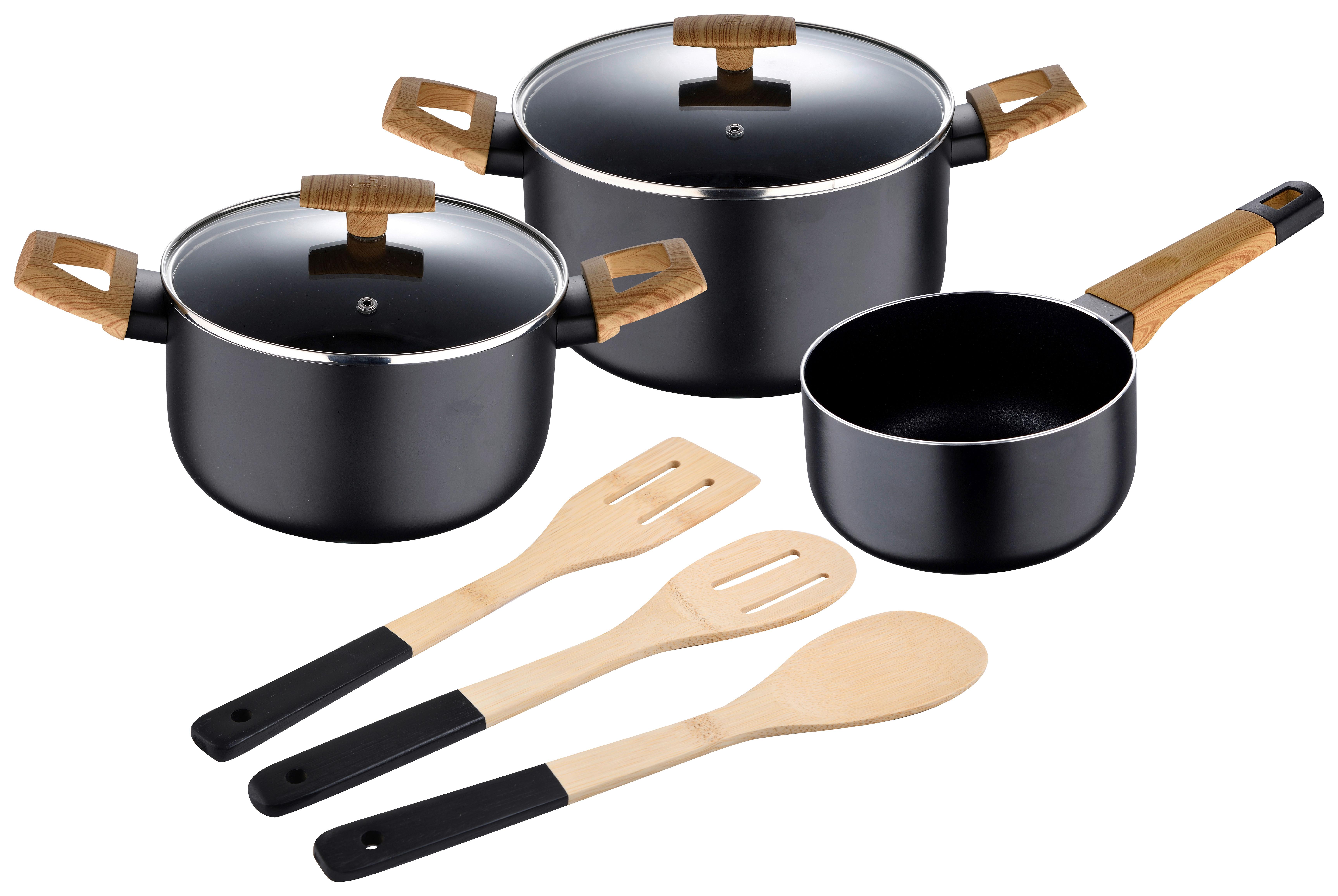 Kochtopfset in Schwarz, 8-teilig - Klar/Edelstahlfarben, Modern, Glas/Holz - Premium Living