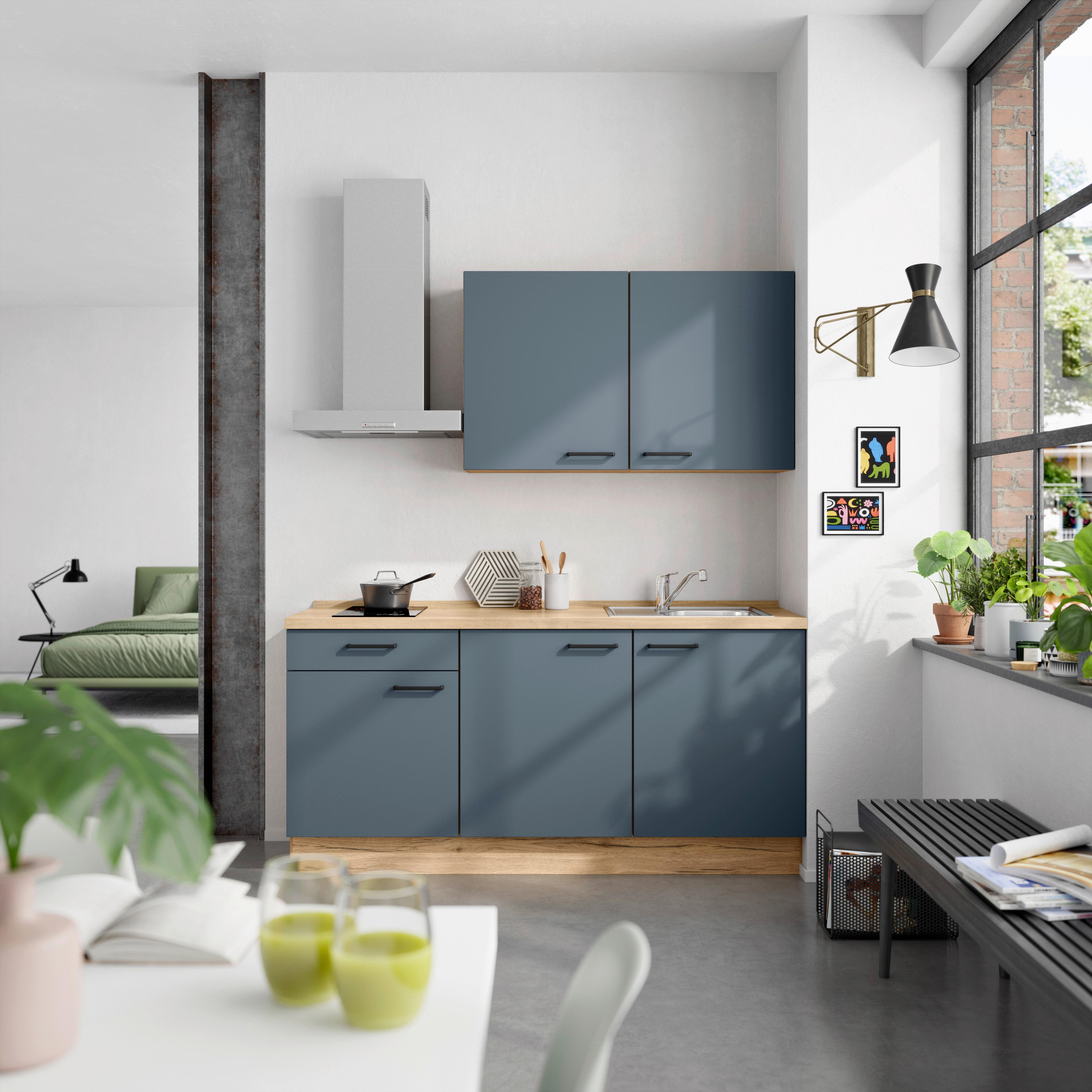 Küchenblock Easytouch Low m. Geräten Dunkelblau - Eichefarben/Schwarz, MODERN, Holzwerkstoff/Metall (180cm) - Nobilia