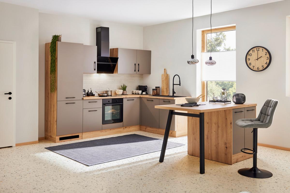 Küchenblock LINZ 220cm Cubanit grau ohne Geräte - Schwarz/Eiche Artisan, MODERN, Holzwerkstoff/Metall (220cm)