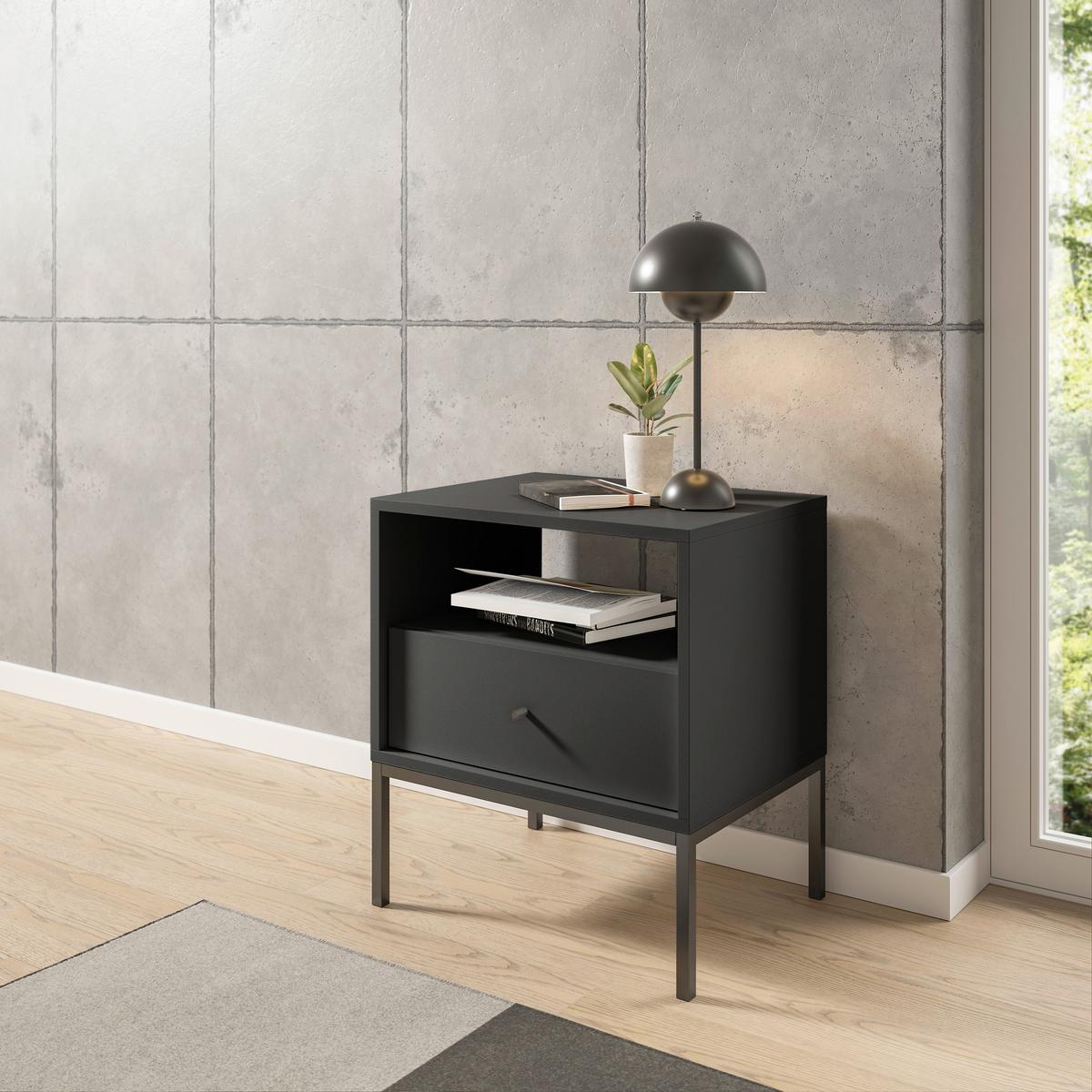 SZAFKA NOCNA INES - czarny/kolor grafitowy, Modern, materiał drewnopochodny/metal (54/56/39cm) - MID.YOU