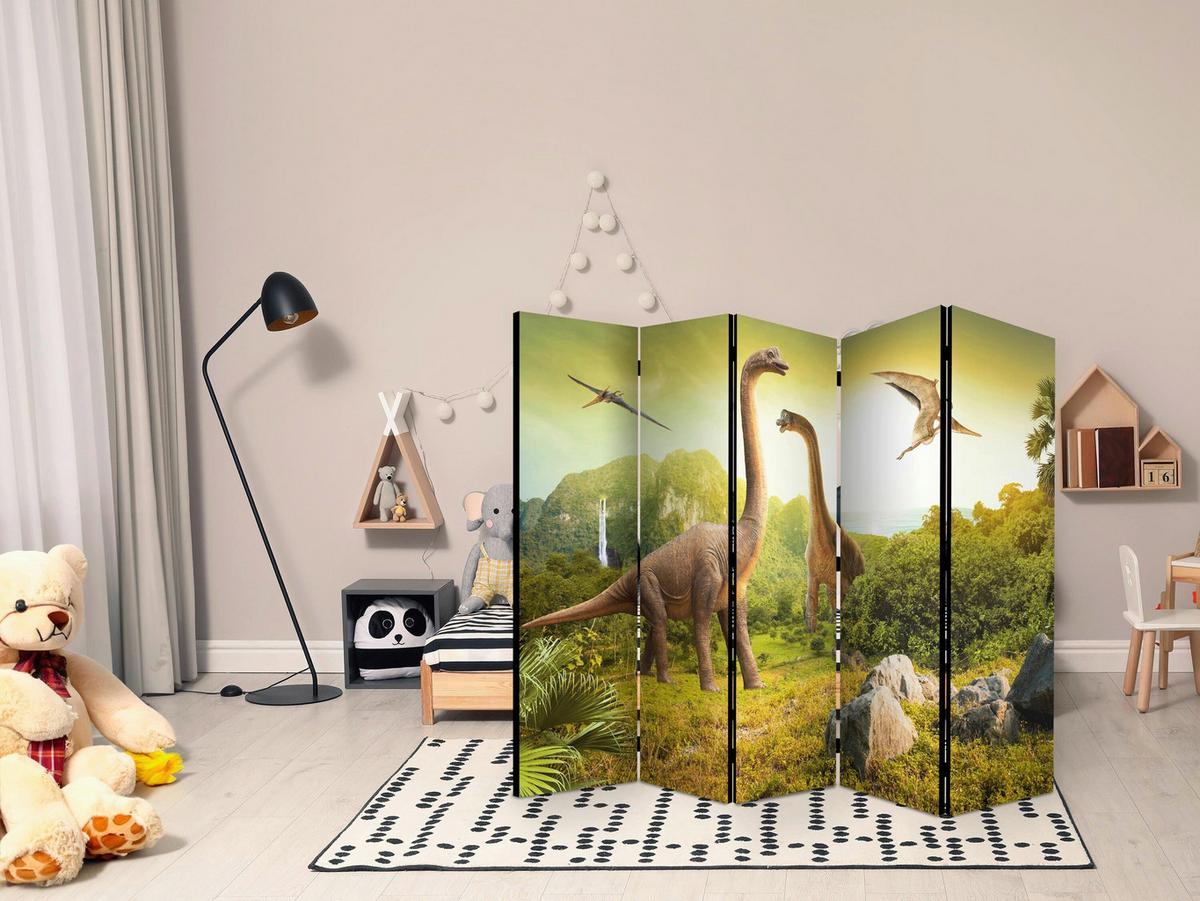 Paravan Dinosaurs I, 5-Delni, Dvostranski - svetlo rjava/zelena, Basics, tekstil/les (225/172/3cm) - artgeist