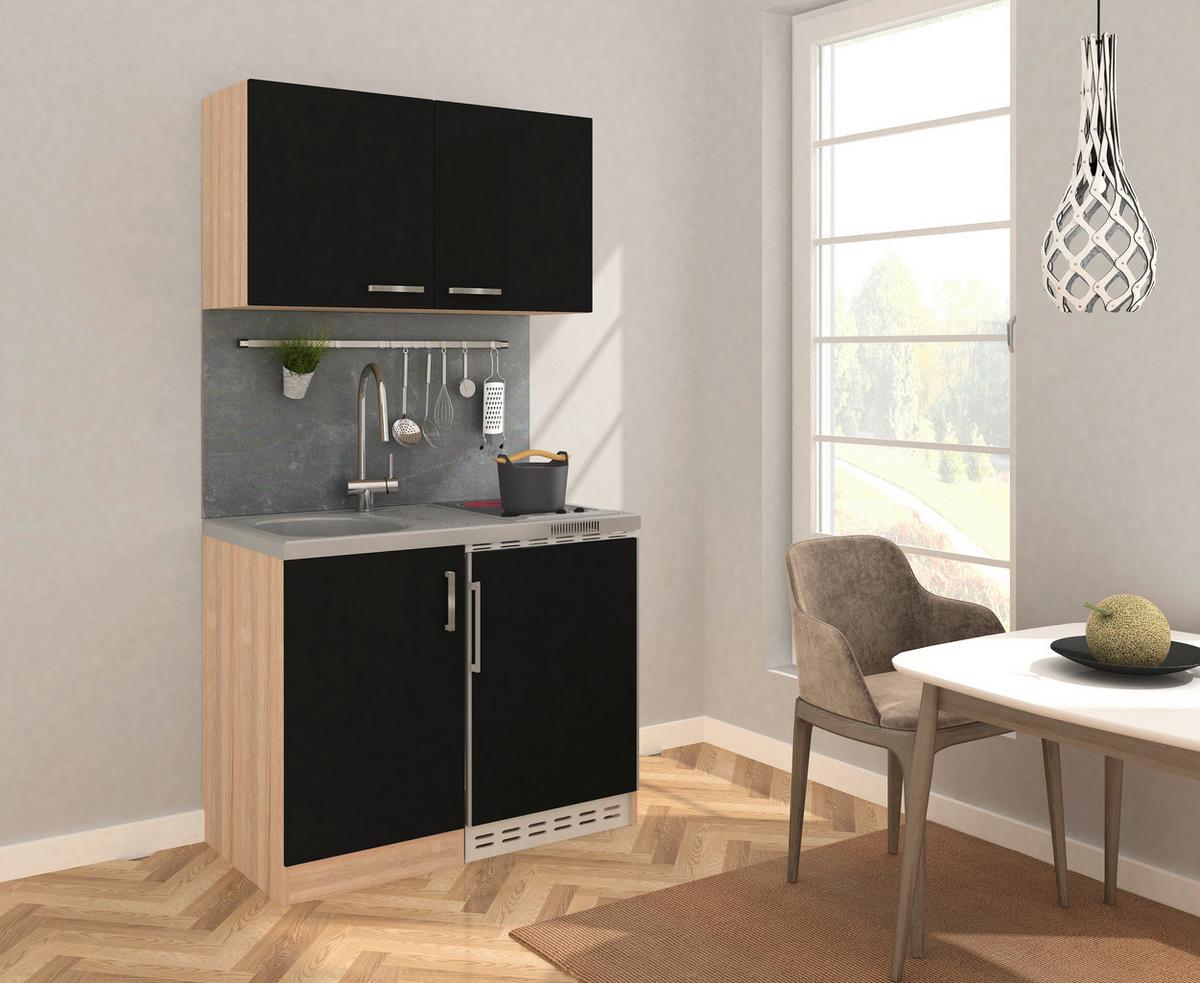Miniküche Schwarz/Eiche Sonoma m. Geräten B: ca. 100cm - Edelstahlfarben/Schwarz, MODERN, Holzwerkstoff/Kunststoff (100cm) - Respekta