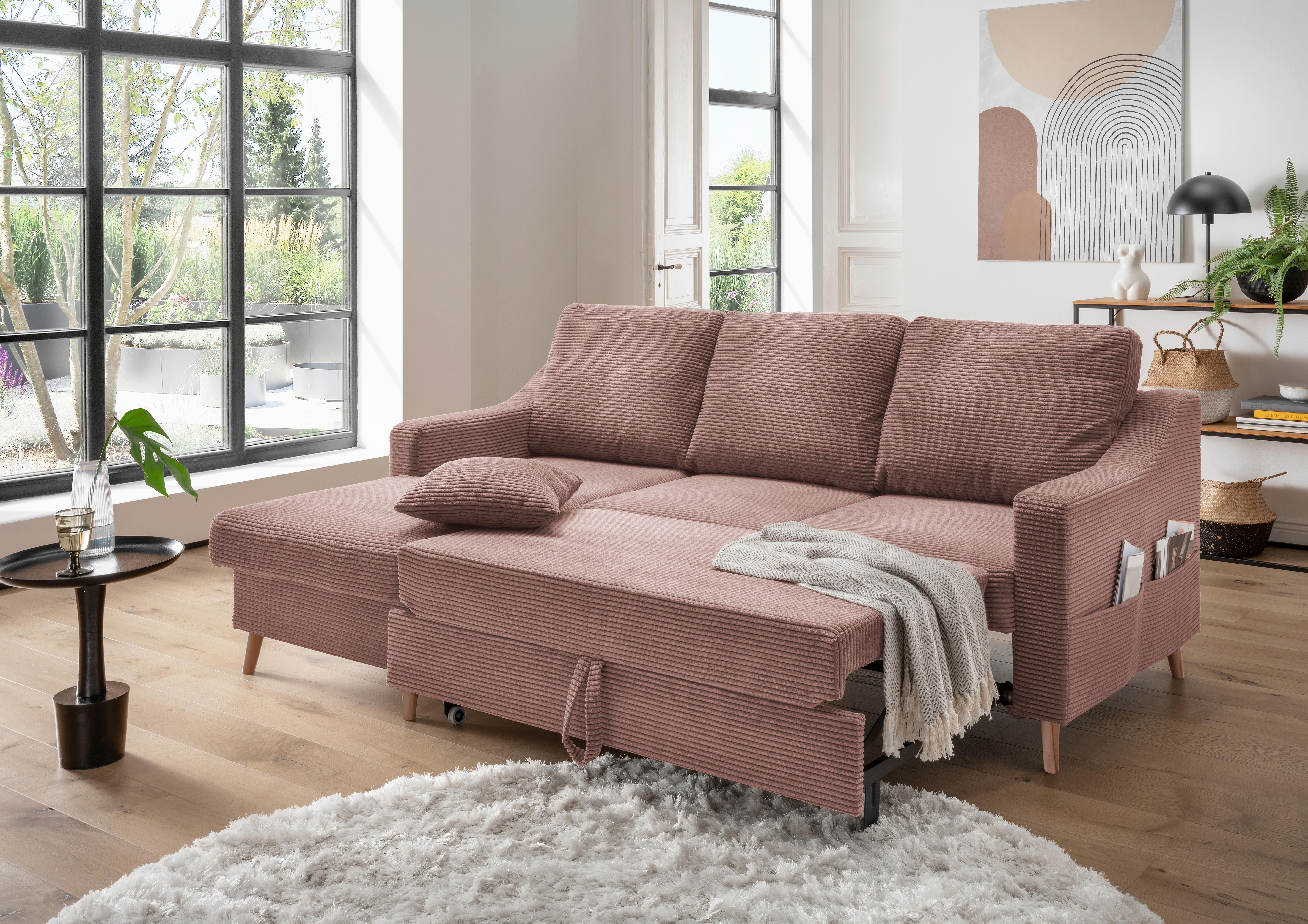 Ecksofa Valentina Rosa Cord - Rosa/Naturfarben, Design, Holz/Textil (150/228cm) - P & B