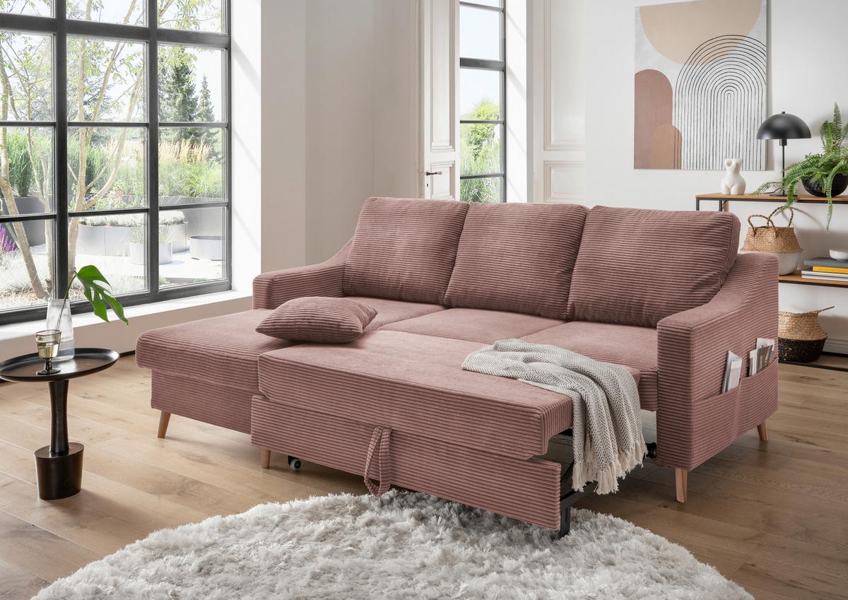 Ecksofa Valentina Rosa Cord - Rosa/Naturfarben, Design, Holz/Textil (150/228cm) - P & B