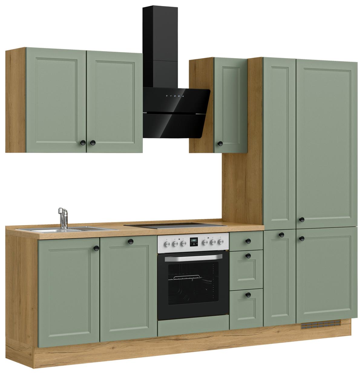 Küchenblock Casada High m. Geräten Schilfgrün - Schilfgrün/Eichefarben, MODERN, Holzwerkstoff/Metall (270cm) - Nobilia