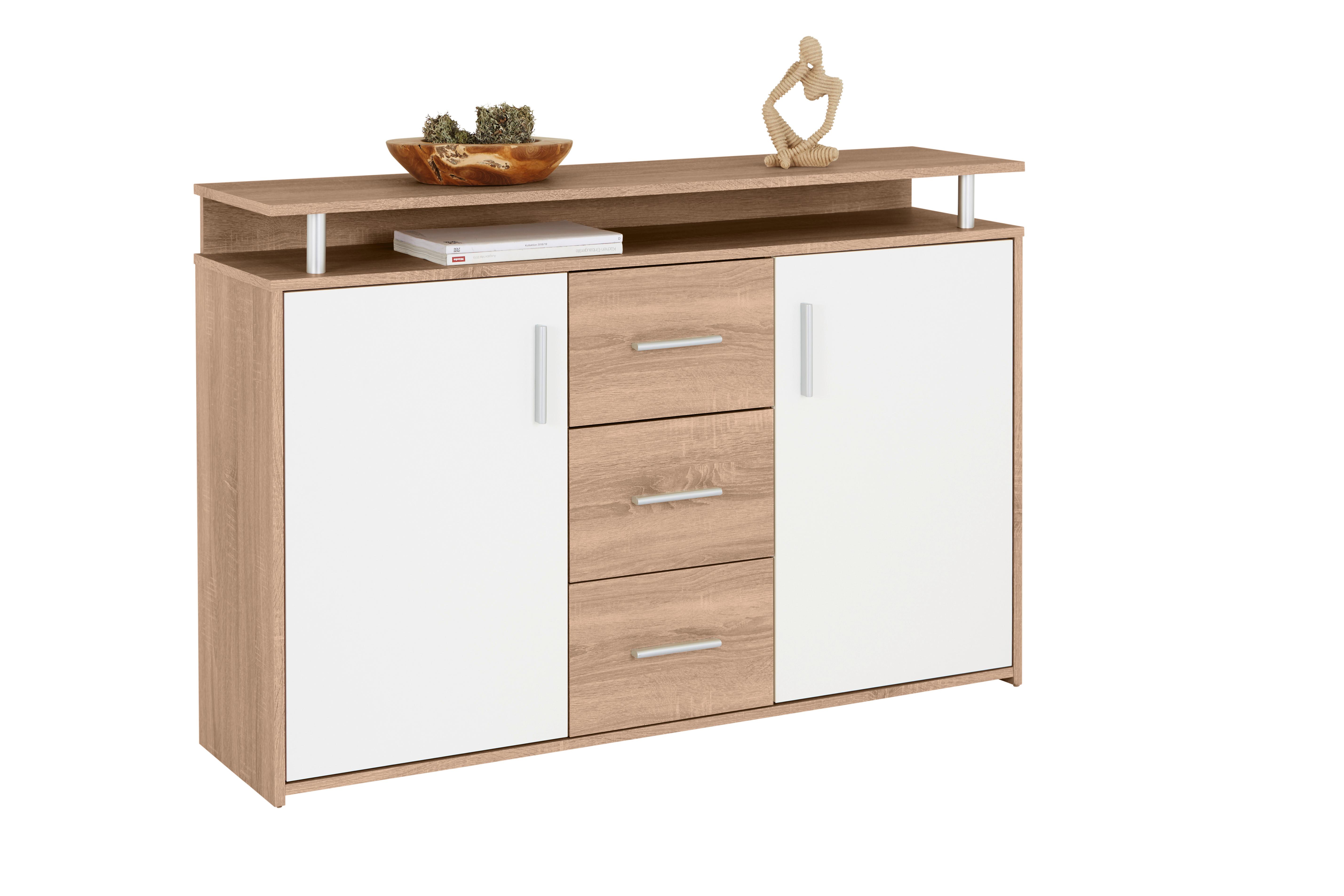 Comodă DRIFT - alb/culoare lemn stejar, Modern, material pe bază de lemn (132/88/34,6cm) - Modern Living