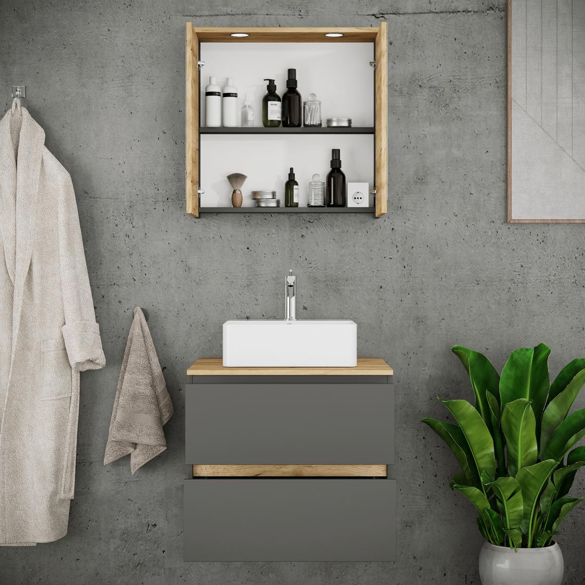 Badezimmer Cosila - Honigeiche/Weiss, Trend, Keramik/Holzwerkstoff (60cm) - MID.YOU