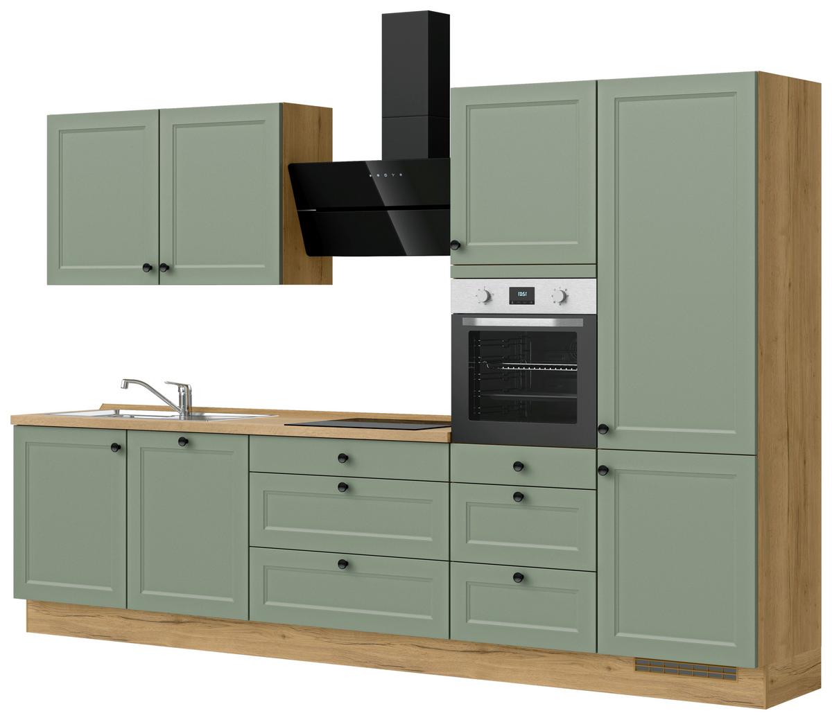 Küchenblock Cascada High m. Geräten Schilfgrün - Schilfgrün/Eichefarben, MODERN, Holzwerkstoff/Metall (330cm) - Nobilia
