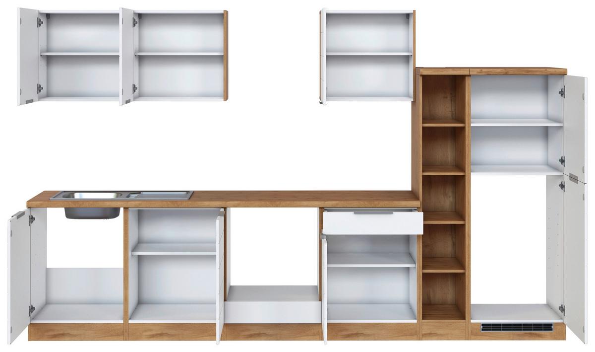 Küchenblock Florenz ohne Geräte ca. 330 cm Weiß/Eiche - Eiche Wotan/Weiß, Design, Holzwerkstoff/Metall (330cm) - Held
