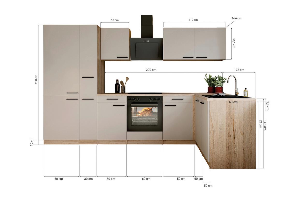 Eckküche Merle m. Geräten ca. 310x172cm Kaschmir - Kaschmir/Eichefarben, Trend, Holzwerkstoff/Metall (310/172cm) - Respekta