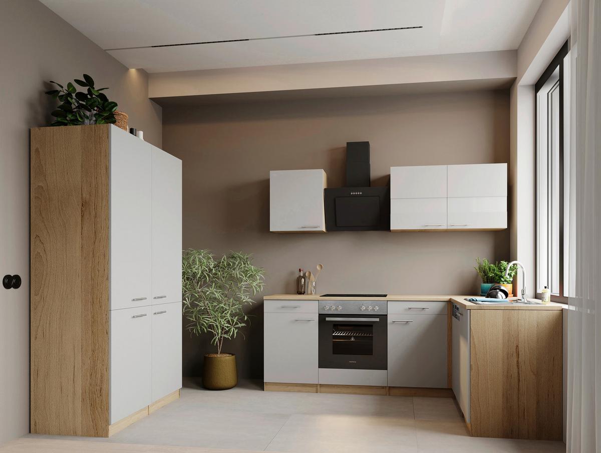 Eckküche Merle m. Geräten ca. 340x172cm Weiß - Edelstahlfarben/Eichefarben, Trend, Holzwerkstoff/Metall (340/172cm) - Respekta