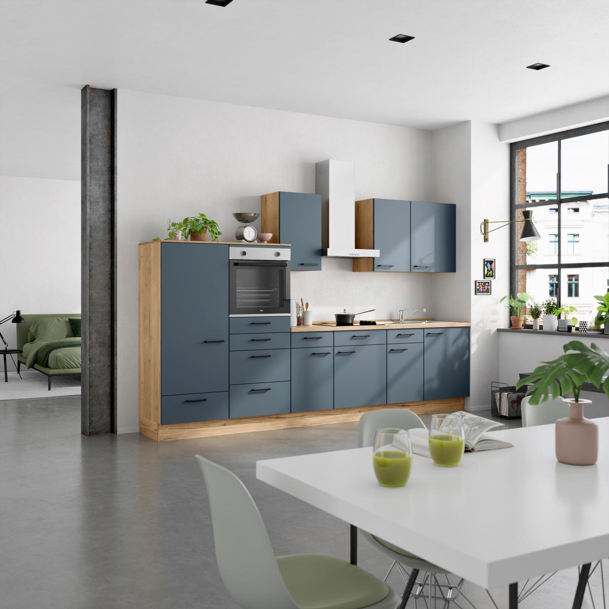 Küchenblock Easytouch Low m. Geräten Blau - Blau/Eichefarben, MODERN, Holzwerkstoff/Metall (330cm) - Nobilia