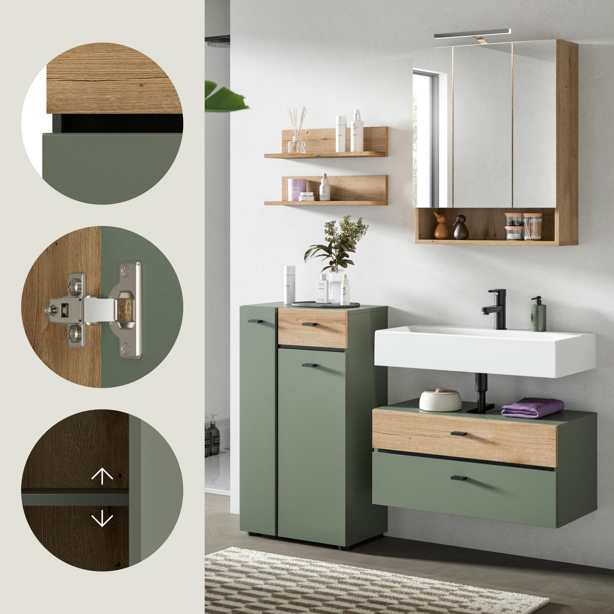 Badezimmer AQUA Grün, Eichefarben 4-teilig - Eichefarben/Schwarz, Trend, Glas/Holzwerkstoff (126cm) - MID.YOU