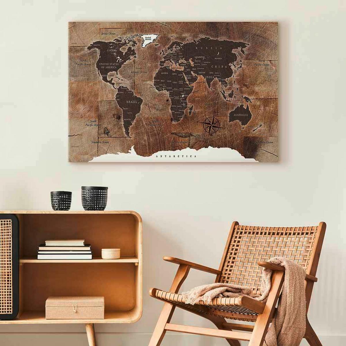 Slika Na Platnu World Map - rjava, Basics, tekstil/leseni material (60/40/1,2cm) - artgeist