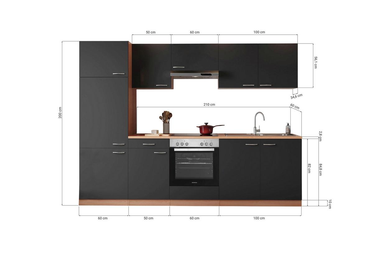 Küchenblock Gerda mit Geräten ca. 270 cm Buchefarben - Buchefarben/Alufarben, Basics, Holzwerkstoff/Kunststoff (270cm) - Respekta