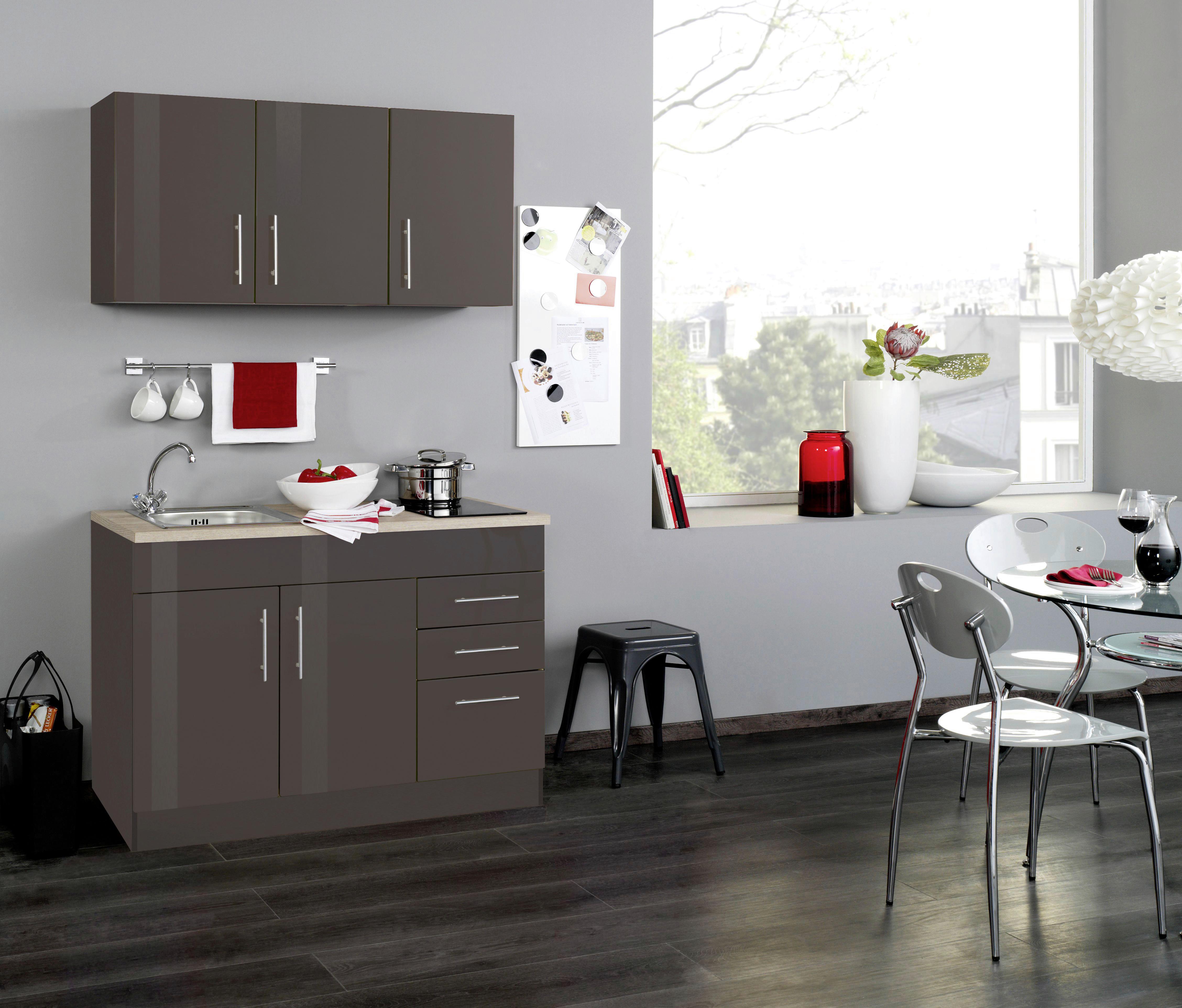 Miniküche Toronto B: ca. 120cm Graphit/Grau - Chromfarben/Grau Hochglanz, MODERN, Holzwerkstoff/Metall (120cm) - Held
