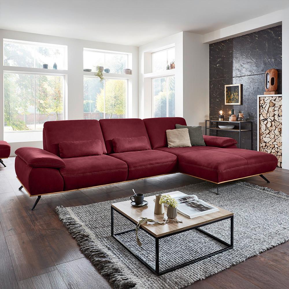 Wohnlandschaft Erling Weinrot - Beige/Weinrot, MODERN, Leder/Metall (322/89/187cm) - Premium Living